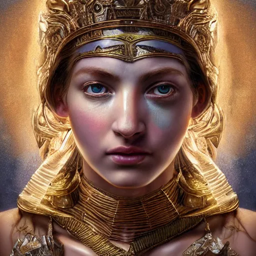 Image similar to hyperrealistic mixed media painting of beautiful goddess Athena, stunning 3d render inspired art by P. Craig Russell and Barry Windsor-Smith, perfect facial symmetry, dim volumetric lighting, 8k octane beautifully detailed render, post-processing, portrait, extremely hyper-detailed, intricate, epic composition, brown eyes, realistic realistic realistic eyes, cinematic lighting, masterpiece, trending on artstation, detailed detailed detailed, masterpiece, stunning