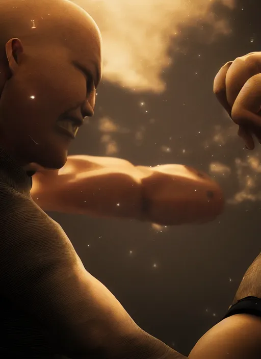 Image similar to Realistic Saitama punching Garou, hyper realism, dark atmosphere, cinematic shot, intricate, ornate, photorealistic, ultra detailed, realistic, 100mm, photography, octane, high definition, depth of field, bokeh, 8k, artstation