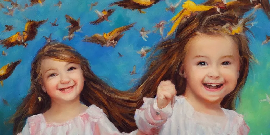 Image similar to beautiful oil painting of a cute little girl smiling, birds are flying around her head, storybook style