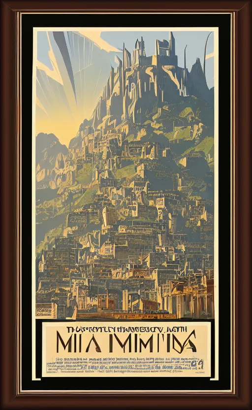 Image similar to art deco travel poster of minas tirith, framed poster