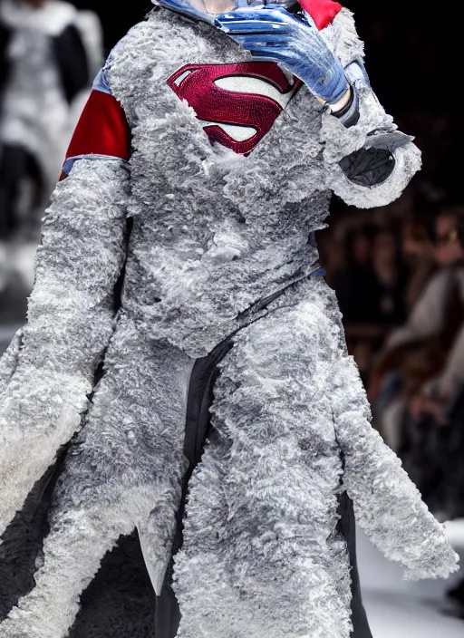 Prompt: hyperrealistic and heavy detailed moncler runway show of superman, leica sl 2 5 0 mm, vivid color, high quality, high textured, real life