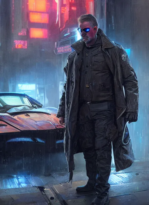 Image similar to Modern Teddy Roosevelt. Cyberpunk merc in tactical gear. plastic raincoat. blade runner 2049 concept painting. Epic painting by James Gurney, Azamat Khairov, and Alphonso Mucha. ArtstationHQ. painting with Vivid color. (rb6s, Cyberpunk 2077)