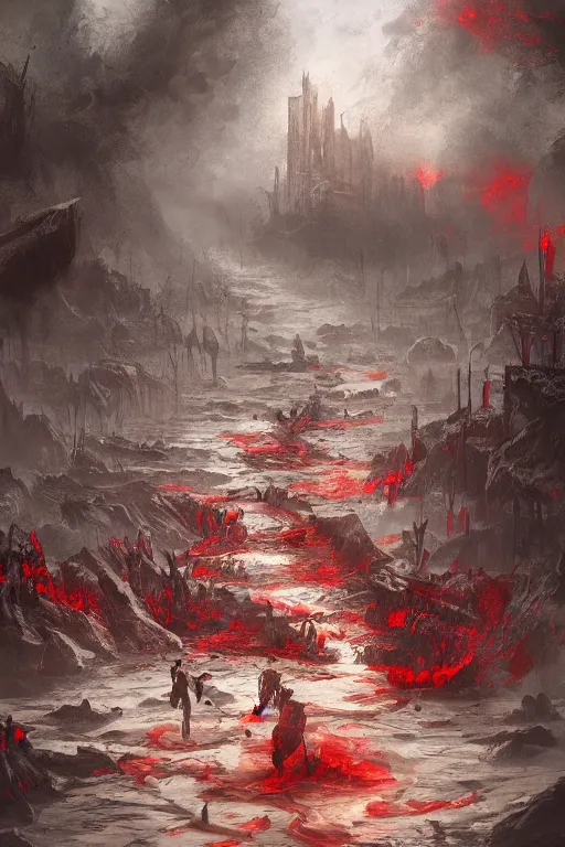 Image similar to bloody river in hell, trending on artstation