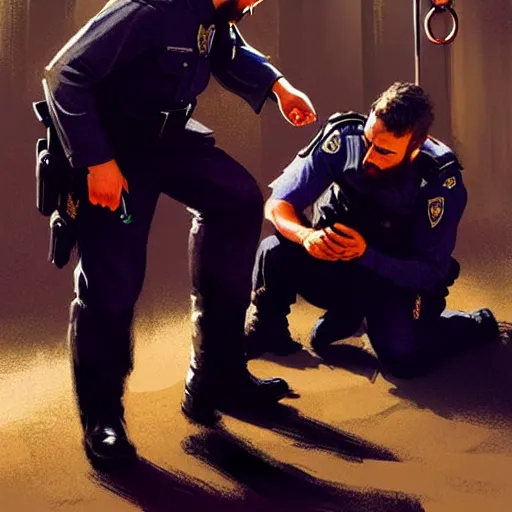 Image similar to jesus christ is placing handcuffs on a police officer, style of greg rutkowski