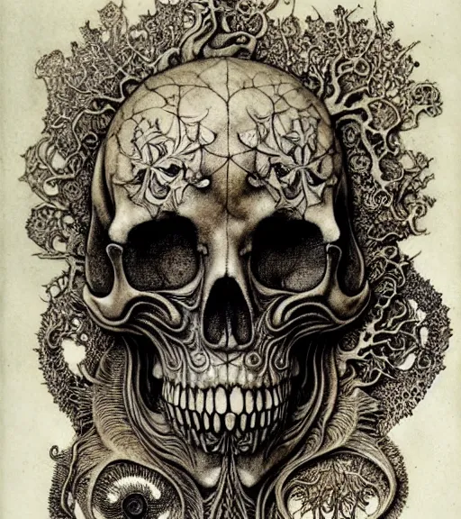 Image similar to memento mori by arthur rackham, art forms of nature by ernst haeckel, exquisitely detailed, art nouveau, gothic, ornately carved beautiful skull dominant, intricately carved antique bone, art nouveau botanicals, ornamental bone carvings, art forms of nature by ernst haeckel, horizontal symmetry, arthur rackham, ernst haeckel, symbolist, visionary