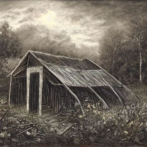 Prompt: a crumbling shed in the woods at night by simon bisley