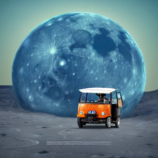 Prompt: a bajaj tuk tuk traveling on the surface of the moon, moon craters, night sky, milky way, hard lighting, matte painting, concept art, 4k