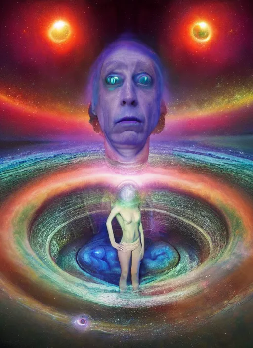 Image similar to the expansion of self realization, portrait, while tipping hallucinogenic dmt, space and time bending into a vortex of subjective reality, event horizon from within, ron walotsky, michal karcz