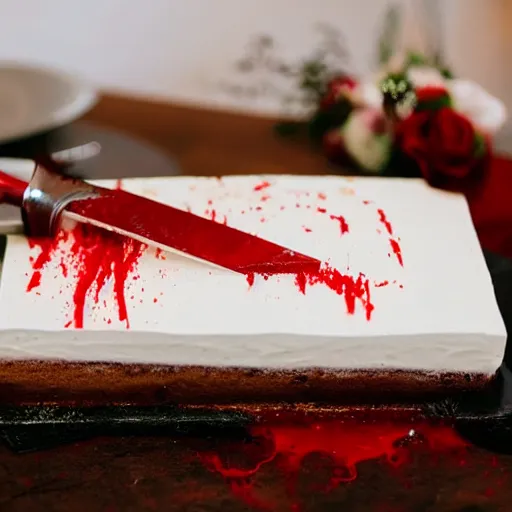 Prompt: wedding cake knife slice with blood dripping from the slice in a surrealistic style