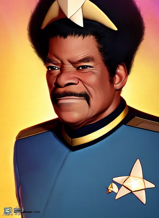 Image similar to cute star trek officer don king, natural lighting, path traced, highly detailed, high quality, digital painting, by don bluth and ross tran and studio ghibli and alphonse mucha, artgerm