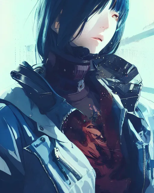 Image similar to kyoto animation, cool lady wearing cyberpunk intricate streetwear, beautiful, detailed portrait, cell shaded, 4 k, concept art, by wlop, ilya kuvshinov, artgerm, krenz cushart, greg rutkowski, pixiv. cinematic dramatic atmosphere, sharp focus, volumetric lighting, cinematic lighting, studio quality