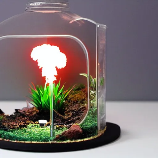 Prompt: a terrarium with nuclear reaction having meltdown diorama inside on top of a minimalist table, lit from the side