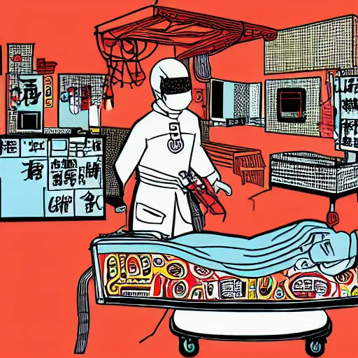 Image similar to chinese surgery operating table, in the style of daniel johnston and outsider art, 8k, line brush, overlaid with chinese adverts