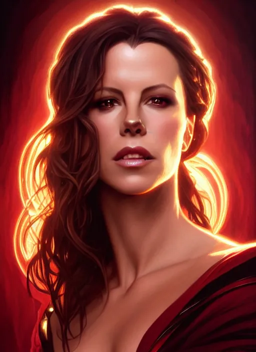 Image similar to portrait of kate beckinsale as a vampire queen, jewelry, greek, ruby, intricate, headshot, highly detailed, digital painting, artstation, concept art, sharp focus, cinematic lighting, illustration, art by artgerm and greg rutkowski, alphonse mucha, cgsociety