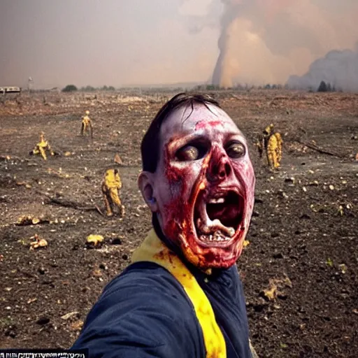 Image similar to selfie of a ukrainian screaming in pain and terrible injuries from a nuclear explosion, everything is on fire and radiation, in the background there are a lot of people like zombies, corpses and skeletons, a large nuclear explosion in the background, people are painted in yellow and blue, all dirty with severed limbs, doomsday