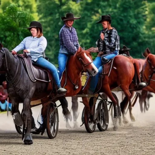 Image similar to Western, people on horses with wheels instead of legs