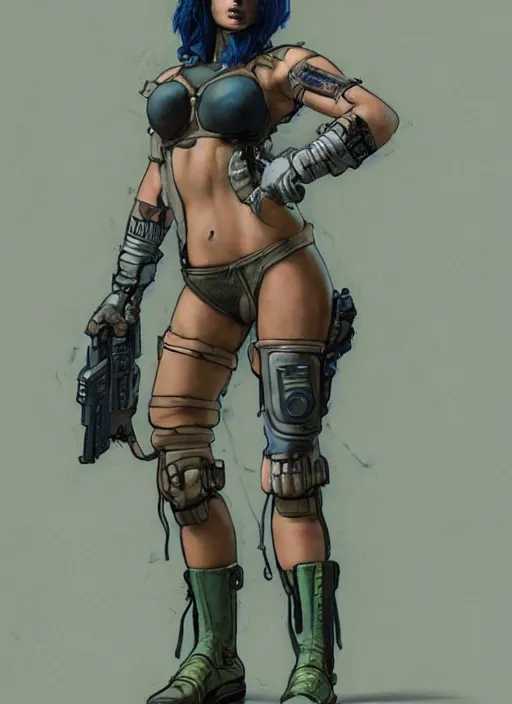 Prompt: buff cyberpunk mercenary lady. portrait by stonehouse and mœbius and will eisner and gil elvgren and pixar. realistic proportions. cyberpunk 2 0 7 7, apex, blade runner 2 0 4 9 concept art. cel shading. attractive face. thick lines.