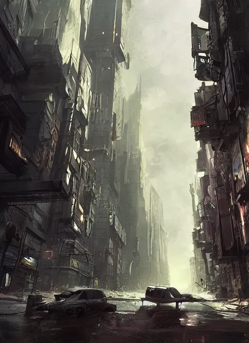 Image similar to post apocalyptic street in futuristic Manhatten, dramatic lighting, cinematic, establishing shot, extremely high detail, photo realistic, cinematic lighting, post processed, concept art, artstation, matte painting, style by eddie mendoza, raphael lacoste, alex ross