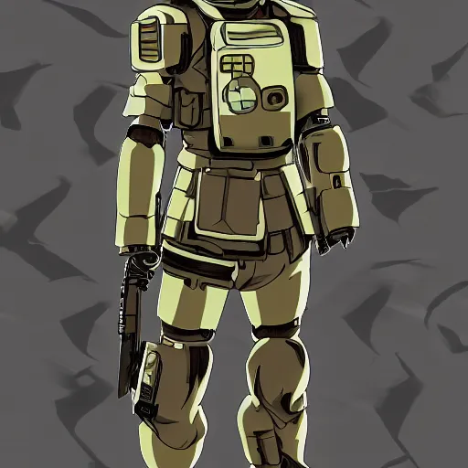 Image similar to Anime military bombsuit protagonist with light brown hair and brown eyes, Key Still, character design, full body shot