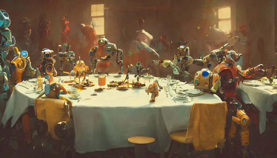 Image similar to a table dinner of robots where robots are dressed like the characters from the midsommar movie, realistic detailed digital art by maxwell boas jessica rossier christian dimitrov anton fadeev trending on artstation cgsociety rendered in unreal engine 4 k hq