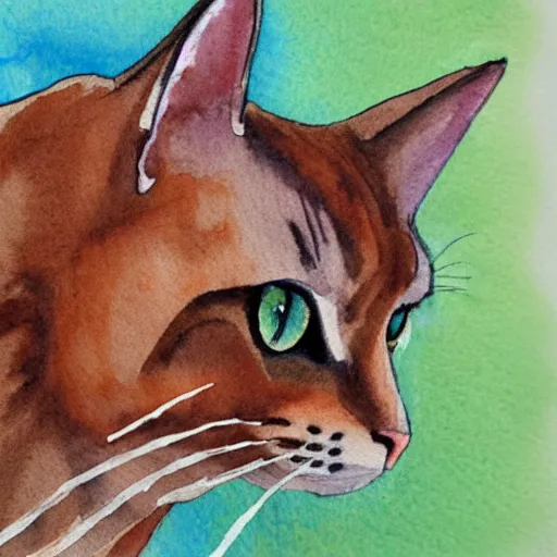 Image similar to simple watercolor painting of an entirely brown cat, light brush strokes,