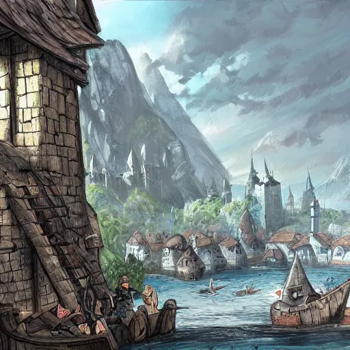 Prompt: sargard, a fantasy harbour city full of slaves and peasants, epic fantasy concept art illustration