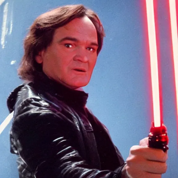 Prompt: quentin tarantino giving his thumbs up with his left hand, raising a lightsaber with his right hand. red background. cinematic trailer format.