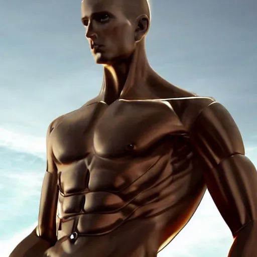 Image similar to a realistic detailed photo of a guy who is a male android, chris evans, muscular, shiny skin, posing like a statue, blank stare