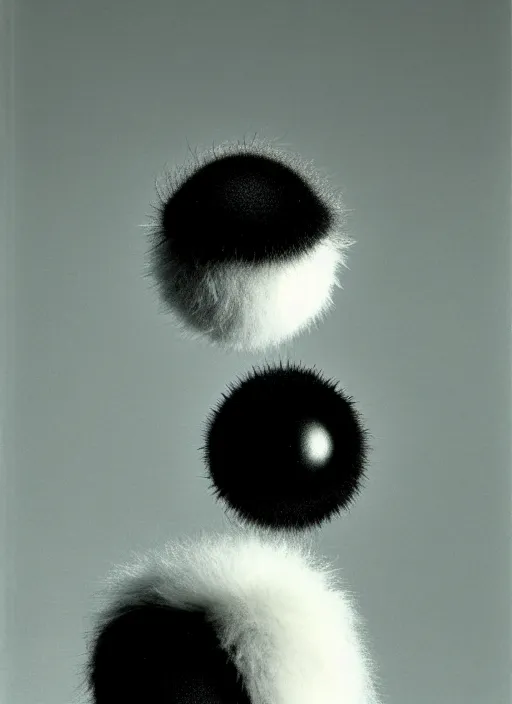 Prompt: realistic object photo of molecule made of black and white ping pong balls, hairy fluffy caterpillars, readymade, dadaism, fluxus, man ray, x - ray, electronic microscope 1 9 9 0, life magazine photo