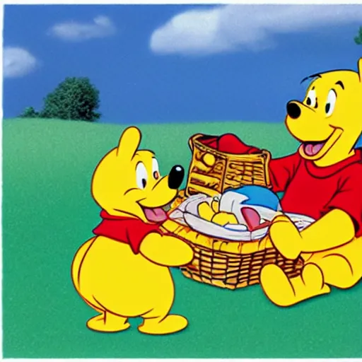 Image similar to Winnie the pooh and Donald duck having a picnic, cartoon