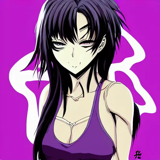 Image similar to style of madhouse studio anime, black lagoon manga, loish, artgerm, comic art, portrait of revy from black lagoon, symmetrical eyes and symmetrical face, jean shorts, white tank top, purple hair, sarcastic evil smirk on face, sky and ocean background