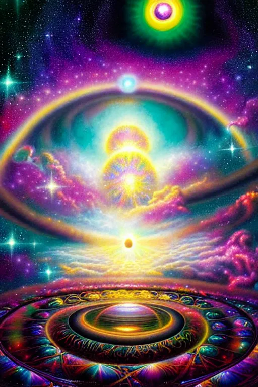 Prompt: a photorealistic detailed image of a beautiful holographic celestial space skies opening a portal to another dimension, spiritual science, utopian, by david a. hardy, hana yata, kinkade, lisa frank, hyper detailed, 4 k, 8 k
