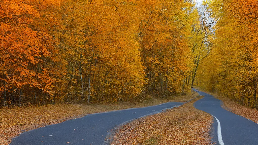 Image similar to a photograph of a country road lined on both sides by maple and poplar trees, in the autumn, red orange and yellow leaves, some leaves have fallen and are under the trees and on the road