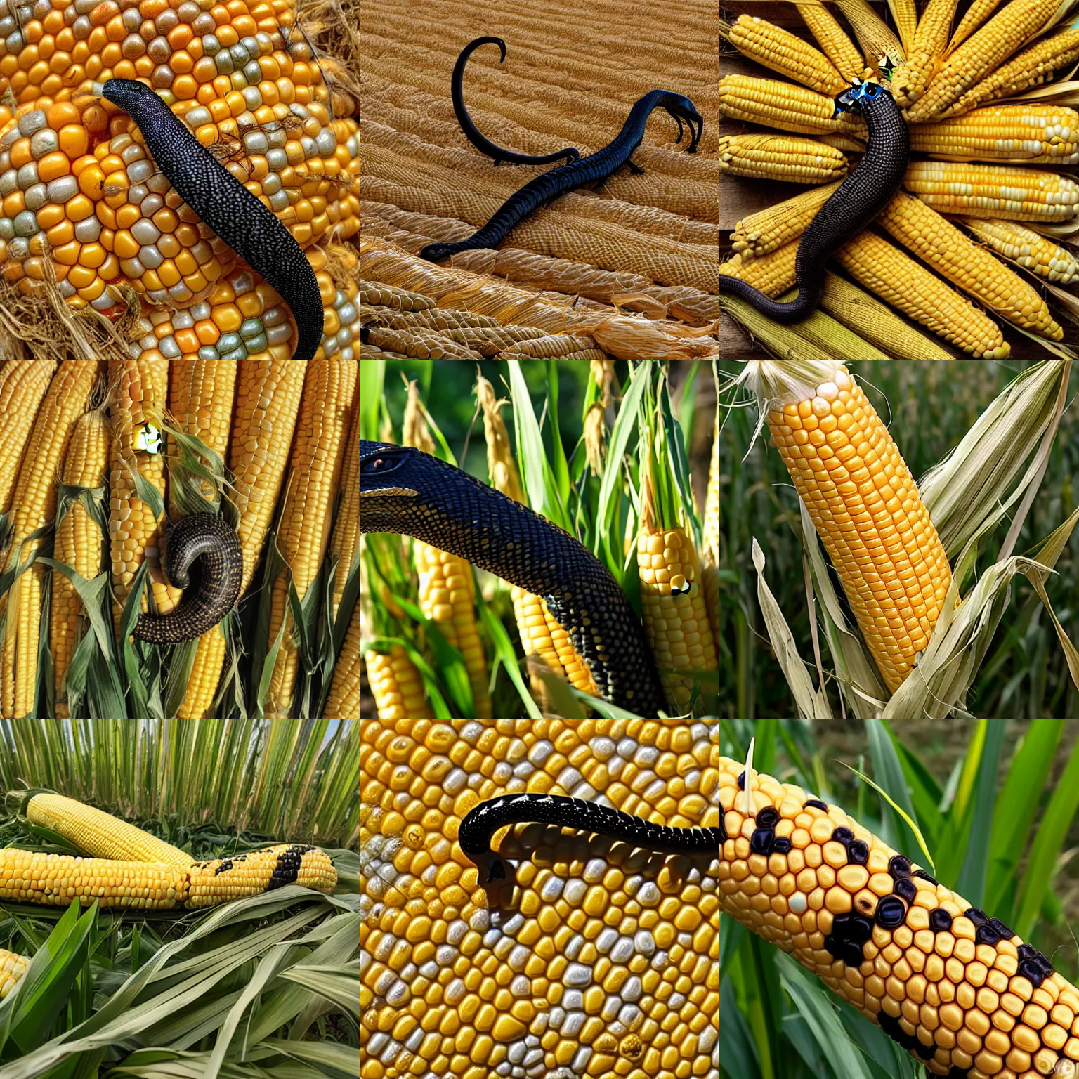 Prompt: a cobra made of corn, 8 k, farm photo