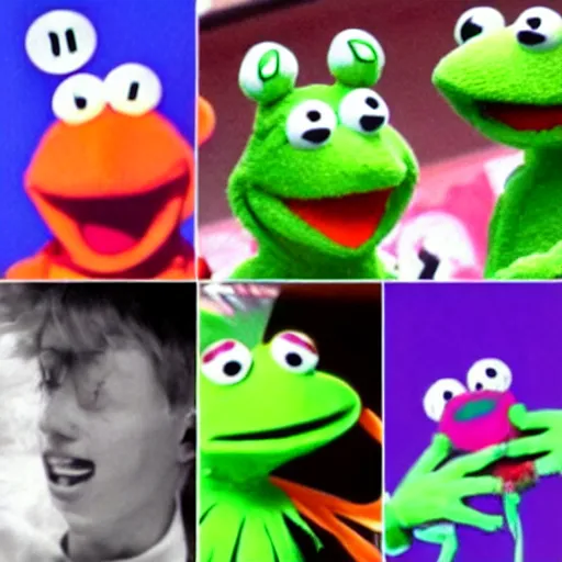 Image similar to Stills from the anime Neon Genesis Evangelion, Kermit the Frog from Sesame Street as an attacking angel