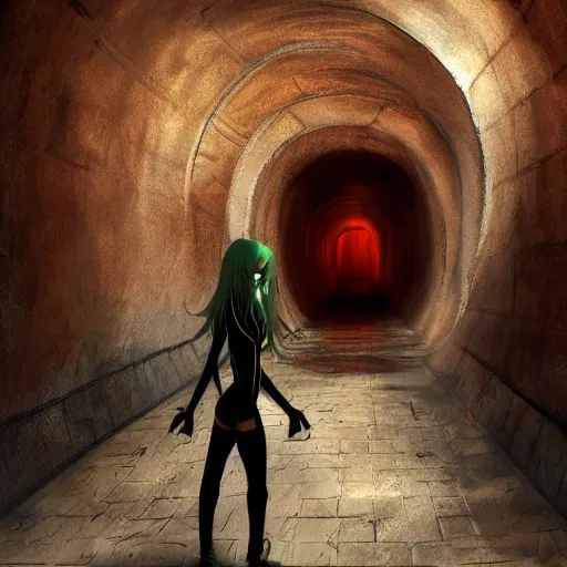 Image similar to a boy victim being intimidated by a succubus in a leather suit, devi wings, cracked brick wall, long hallway, light at the end of the tunnel, volumetric lighting, concept art, detailed, dramatic lighting, by hayao miyazaki