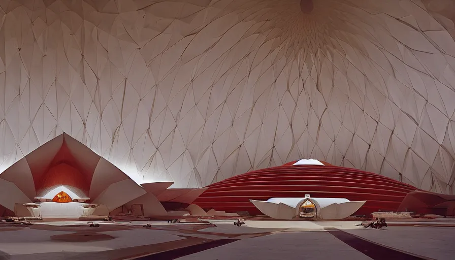 Image similar to interior of a futuristic lotus temple with gold, red and white marble panels, in the desert, by buckminster fuller and syd mead, intricate contemporary architecture with art nouveau motifs, photo journalism, photography, cinematic, national geographic photoshoot