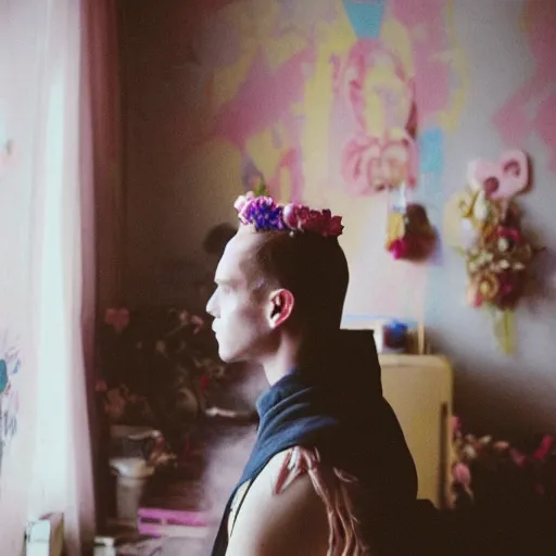 Prompt: kodak portra 4 0 0 photograph of a skinny blonde goth guy standing in a cluttered bedroom, back view, flower crown, moody lighting, telephoto, 9 0 s vibe, blurry background, vaporwave colors, faded!,