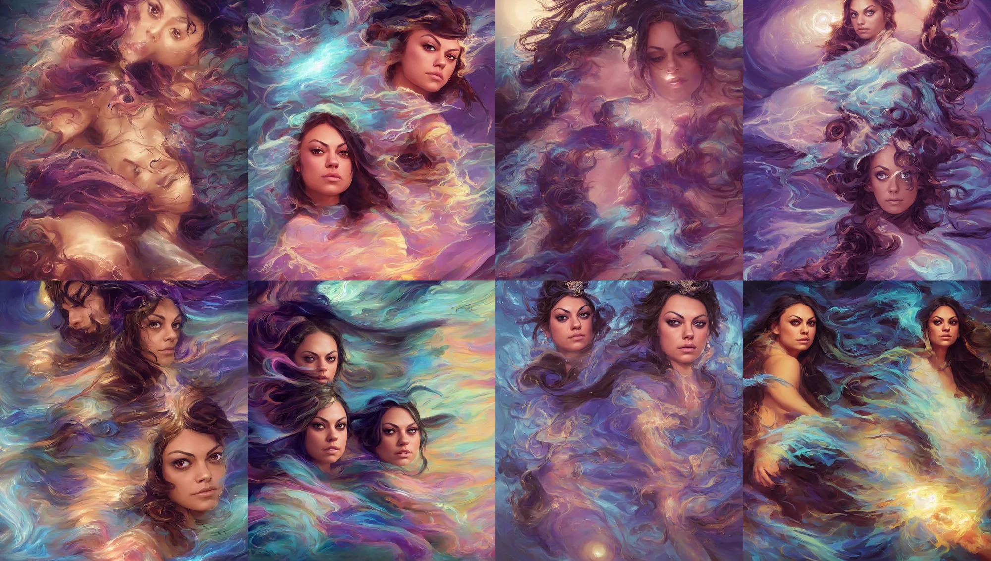 Image similar to close portrait mila kunis, wind sorcerer, intricate robes, gloomhaven, luminescent, colorful swirly magic ripples, pastel colors, by greg manchess, huang guangjian, gil elvgren, sachin teng, greg rutkowski, jesper ejsing, ilya kuvshinov, focal length : 2 0 0. 0 mm