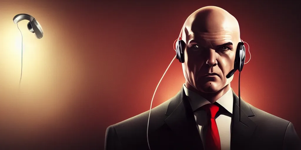 Image similar to a portrait of agent 4 7 from hitman wearing headphones listening to music, dark background, red rim light, smooth, sharp focus, art by ali kiani amin