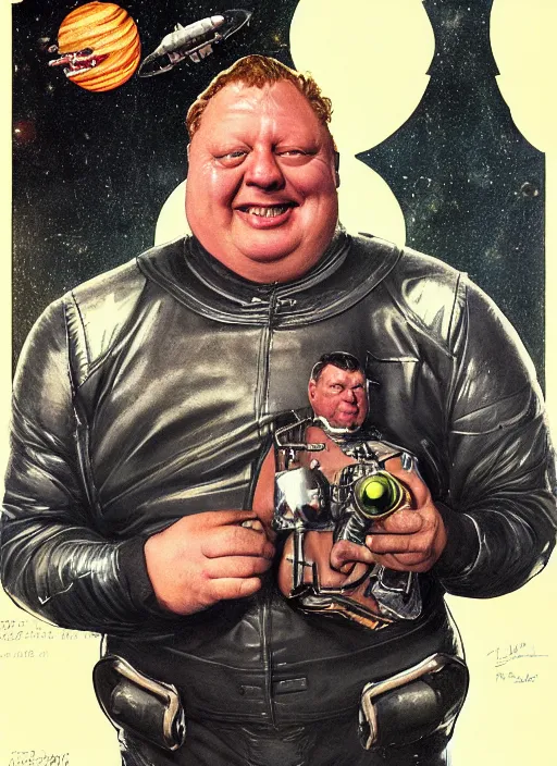Prompt: upper body portrait of shaun ryder as baron harkonnen wearing a leather spacesuit floating in space and firing a retro ray gun, by tom lovell and dean cornwell and norman rockwell, photoreal, character concept art, artstation