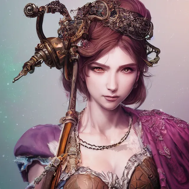 Image similar to studio portrait of neutral good colorful female cleric bard healer as absurdly beautiful, elegant, young sensual pretty woman, ultrafine hyperrealistic detailed face illustration by kim jung gi, irakli nadar, intricate linework, sharp focus, bright colors, matte, octopath traveler, final fantasy, unreal engine highly rendered, global illumination, radiant light, intricate environment