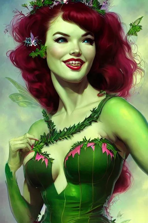 Prompt: portrait of a beautiful young bettie page as titania, summer queen. faerie queen. queen of light, green, poison ivy, made by caravaggio stanley artgerm lau wlop rossdraws artstation cgsociety concept art cgsociety octane render