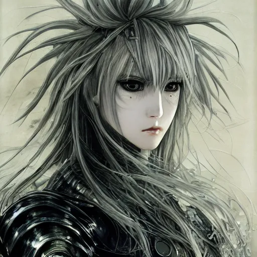 Image similar to Yoshitaka Amano realistic illustration of an anime girl with wavy white hair and cracks on her face wearing Elden ring armour with the cape fluttering in the wind, abstract black and white patterns on the background, noisy film grain effect, highly detailed, Renaissance oil painting, weird portrait angle