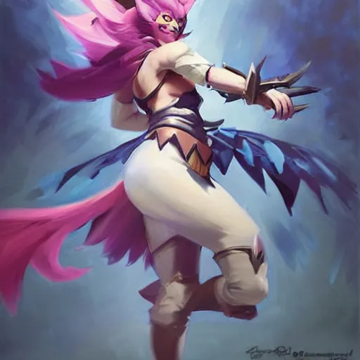 Image similar to greg manchess portrait painting of partially armored ahri from league of legends as overwatch character, medium shot, asymmetrical, profile picture, organic painting, sunny day, matte painting, bold shapes, hard edges, street art, trending on artstation, by huang guangjian, gil elvgren, ruan jia, randy vargas, greg rutkowski, gaston bussiere