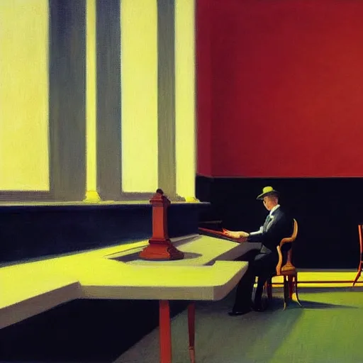 Prompt: painting of a man sitting at a grand piano, but not playing. he's looking into the void. by edward hopper and james gilleard