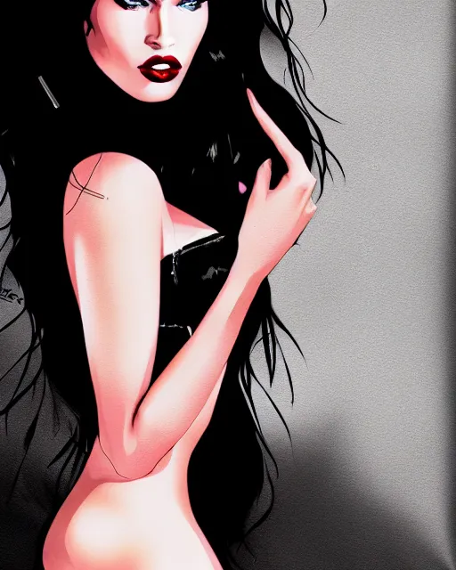 Prompt: closeup portrait beautiful seductive megan fox with long windblown hair in a black party dress, red lipstick, glamour pose, detailed illustration, digital art, trending on artstation, arney freytag, frank miller, moebius, graffiti, gta 5,