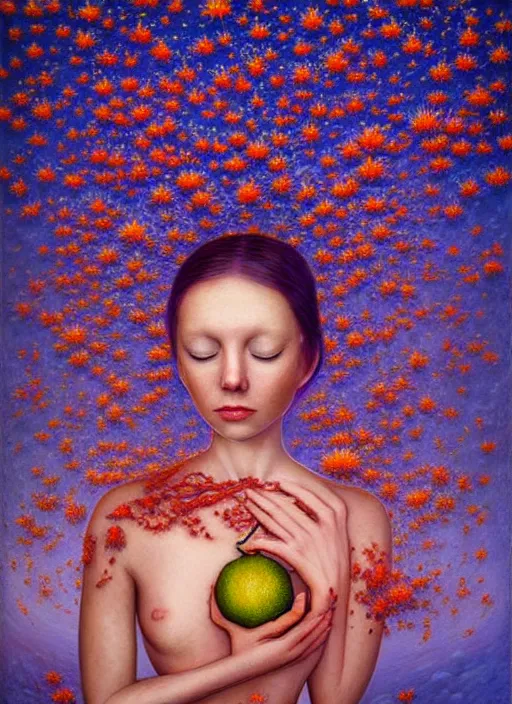 Image similar to hyper detailed 3d render like a Oil painting - Aurora (Singer) Eats of the Strangling Fruit and Her gossamer polyp blossoms bring iridescent fungal flowers whose spores black the foolish stars by Jacek Yerka, Mariusz Lewandowski, Abstract brush strokes, Masterpiece, Edward Hopper and James Gilleard, Zdzislaw Beksinski, Mark Ryden, Wolfgang Lettl, hints of Yayoi Kasuma, octane render, 8k