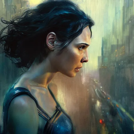 Image similar to gal gadot, hyperrealistic portrait, bladerunner street, art of elysium by jeremy mann and alphonse mucha, fantasy art, photo realistic, dynamic lighting, artstation, poster, volumetric lighting, very detailed face, 4 k, award winning