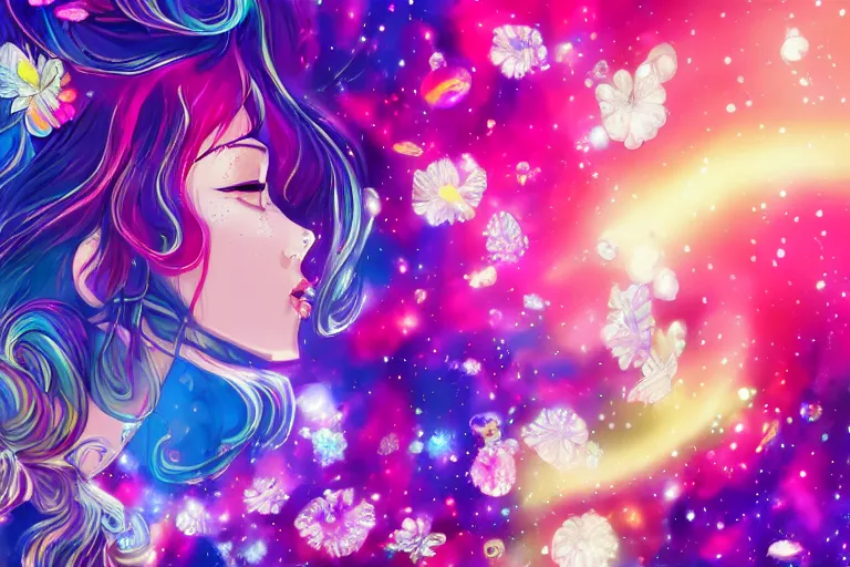 Image similar to psychedelic, full body, whimsical, anime, 4k, beautiful lusty woman blowing smoke, with professional makeup, long trippy hair, a crystal and flower dress, sitting in a reflective pool, surrounded by gems, underneath the stars, rainbow fireflies, trending on patreon, deviantart, twitter, artstation, volumetric lighting, heavy contrast, art style of Ross Tran and Miho Hirano and Ilya Kuvshinov